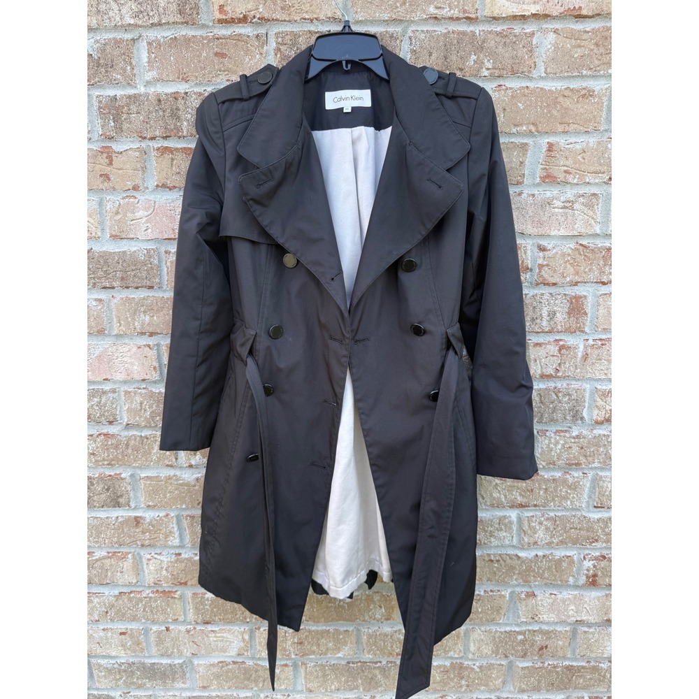 Calvin Klein Black Double Breasted Trench Coat XS Belted Pleated Back Outerwear